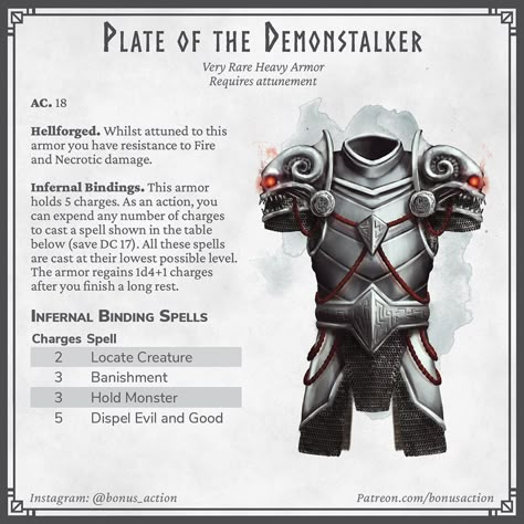 Tim no Instagram: “Some more equipment for those fiendslaying adventurers! Special thanks to all my patrons and proofreaders! 😁” Magic Plate Armor 5e, Homebrew Armor, Armor Dnd, 5e Items, Homebrew Items, Magic Armor, Dnd Magic, Dnd Stories, Dnd Items