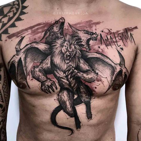 Chest tattoos | Best Tattoo Ideas Gallery - Part 2 Chimera Tattoo, Bible Quote Tattoos, Lower Stomach Tattoos, Lines Tattoo, Unique Half Sleeve Tattoos, Belly Tattoo, Cool Wrist Tattoos, Wrist Tattoos For Guys, Upper Arm Tattoos