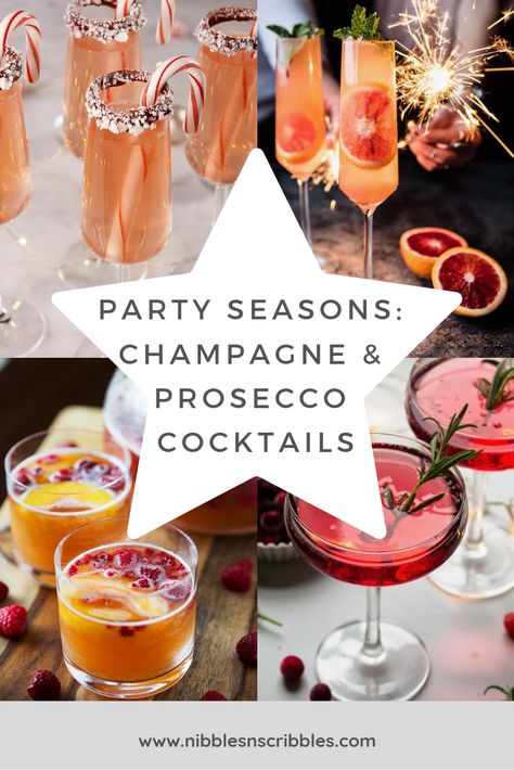 Party Seasons: Champagne and Prosecco Cocktails.   #Cocktails #Party #Drinks Cocktail Recipes For New Years, Holiday Drinks Prosecco, Nye Champagne Cocktails, Festive Prosecco Cocktails, Christmas Cocktails Recipes Champagne, Prosecco Cocktails New Years Eve, Fun Champagne Drinks, Processco Cocktails Christmas, Fancy Champagne Drinks