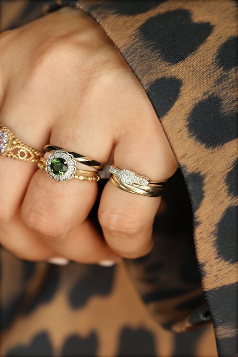 Hand full of vintage gold rings with diamonds, green tourmaline and enamel Vintage Gold Ring, Victorian Diamond Ring, Vintage Gold Rings, Vintage Inspired Jewelry, Vintage Diamond Rings, Disco Balls, Ring Stack, Generation To Generation, Gold Ring Stack