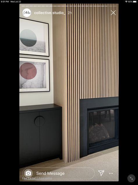 Vertical Wood Fireplace, Slatted Fireplace, Slat Wood Fireplace, Wooden Slat Fireplace Wall, Wood Slat Mantle, Fireplace With Wood Slats, Tambour Fireplace Wall, Wooden Slat Fireplace, Wood Panelling Fireplace Wall