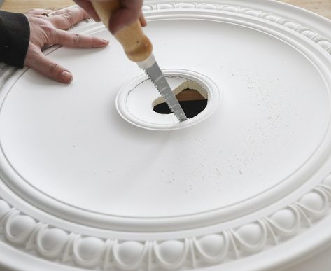 Tutorial : Installing a Ceiling Medallion - Deuce Cities Henhouse Ceiling Medallion With Chandelier, Ceiling Molding Around Chandelier, Ceiling Fan With Medallion, Oval Ceiling Medallion, Farmhouse Ceiling Medallion Ideas, Ceiling Fan Medallion Ideas, Ceiling Rose Lighting, Diy Ceiling Medallion, Ceiling Medallion Ideas