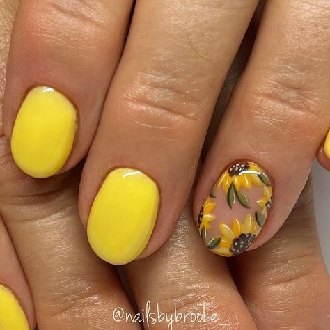 Brooke Jensen on Instagram: "🌻Sunflower season!!🌻 . . . . #gelpolish #handpaintednailart #naturalnailsonly #utahnailtech #utahnailartist #nailartist #nailart #naildesigns #nailartdesigns #freehandart #freehandnailart #gelnails #nails #nailmagazine #nailinspo #summernailinspo #summernails #trendysummernails #trendynails #yellownails #yellowflowernails #summerflowernails #sunflowernails #sunflowernailart #yellowsummernails #happynails #flowernails #flowernailart #roundnails #sunshinenails" Gel Nails Sunflower, Fall Sunflower Nail Art, Fall Nails Sunflowers, Sunflower Toenails, Sunflower Toenails Design, Sunflower Nail Designs, Sunflower Nails Design, Fall Nail Sunflower, Fall Sunflower Nails