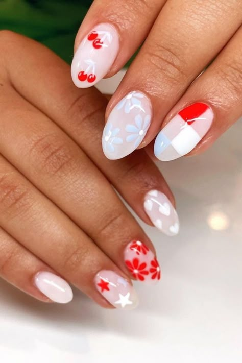 Cutest Milky White July Nails Pearlescent Nails With Design, Noah Kahan Nail Ideas, 4th Of July Cherry Nails, Cherry And Flower Nails, Aesthetic 4th Of July Nails, 4th Of July Nails Aesthetic, Neutral Fourth Of July Nails, Cherry Summer Nails, Gel Star Nails