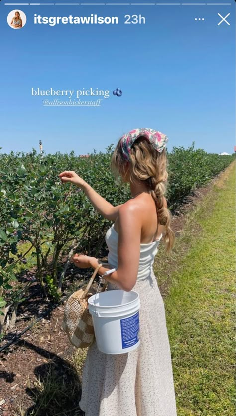 Picking Blueberries Aesthetic, Blueberry Picking Pictures, Blueberry Picking Photoshoot, Cute Strawberry Picking Outfits, Berry Picking Photoshoot, Blueberry Picking Aesthetic, Peach Picking Outfit, Blueberry Picking Outfit, Cherry Picking Outfit