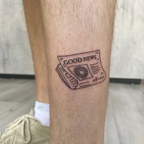 Mac Miller Leg Tattoo, Mac Miller Tattoos Good News, Journalism Tattoo Ideas, Journalist Tattoo, Good News Tattoo Mac Miller, Coin Tattoo Ideas, Newspaper Tattoo Ideas, News Paper Tattoo, Mac Miller Divine Feminine Tattoo