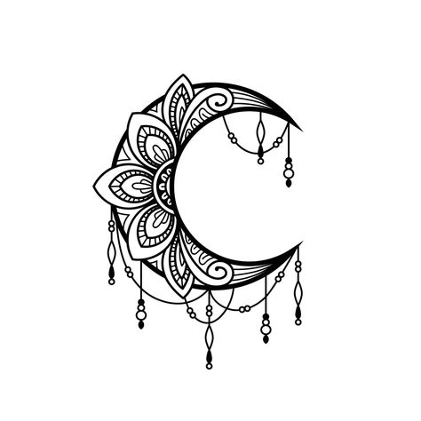 Paisley Moon Tattoo, Drawing Ideas Moon, Mandala Drawing Ideas, Moon Decoration, Sun And Moon Mandala, Mandala Hand Tattoos, Unicorn Artwork, Moon Mandala, Moon Dreamcatcher