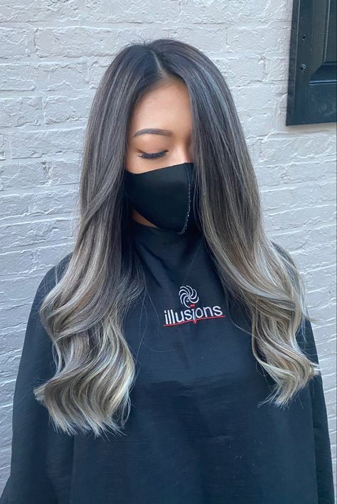 Balayage Hair Brunette With Blonde Ashy, Black Roots Blonde Hair Balayage, Grey Balayage Brunettes, Ash Blonde Balayage On Black Hair, Black Roots Balayage, Black To Silver Hair, Ash Blonde Balayage On Dark Hair, Grey Balayage Hair, Smokey Ash Brown Balayage Dark