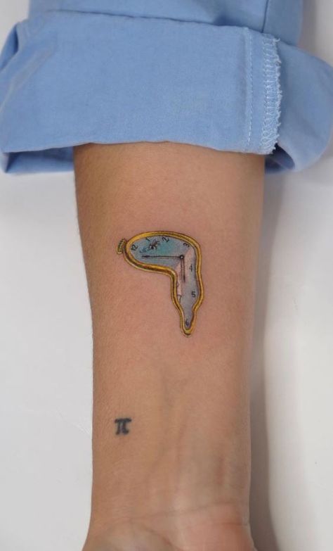 Dali’s Melting Clock Tattoo Tattoo Ideas Surrealism, Clock Tattoo Aesthetic, Interstate Tattoo Ideas, Dali Watch Tattoo, Now Tattoo Clock, Melting Clock Art, Small Artistic Tattoos, Tattoos Inspired By Art, Salvador Dali Clock Tattoo