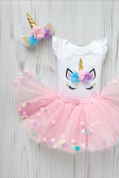 Pink Tutu Outfit, Pom Pom Tutu, Unicorn Horn Headband, Mint Skirt, Unicorn Birthday Outfit, Frozen Snack, Unicorn Outfit, Toddler Tutu, Birthday Tutu Outfit