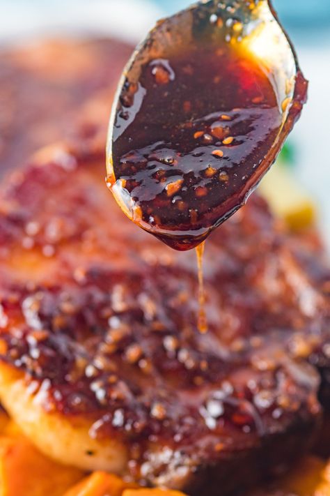 These sweet and sticky Maple Bourbon Pork Chops Recipe, served with roasted sweet potatoes make the perfect dinner. This dish packs a real flavor punch and is worth that little extra effort. My family loves this meal! // ACedarSpoon.com Bourbon Pork Chops, Maple Glazed Pork Chops, Maple Pork Chops, Bourbon Pork, Pork Chop Sauce, Pork Crockpot Recipes, Bbq Pork Chops, Sticky Pork, Pork Sauce