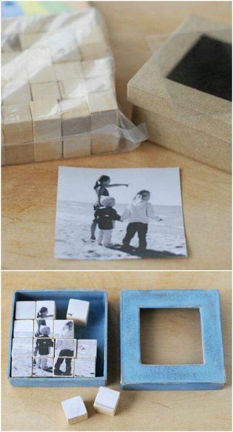 Picture Cubes Diy Photo Blocks, Wood Craft Cubes Ideas, Photo Cubes Diy Wooden Blocks, Photo Blocks Diy Wood, Diy Wooden Puzzles, Diy Photo Displays, Picture Cube, Photo Crafts, Photo Gifts Diy