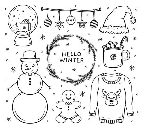 Premium Vector | Set of winter doodles snowman gingerbread cookie ugly sweater snow globe santa hat cup of cocoa Diy Gifts Christmas, Christmas Ornament Coloring Page, How To Draw Santa, Christmas Tree With Presents, Hand Drawn Christmas, Christmas Coloring Sheets, Christmas Doodles, Doodle Icon, Christmas Icons