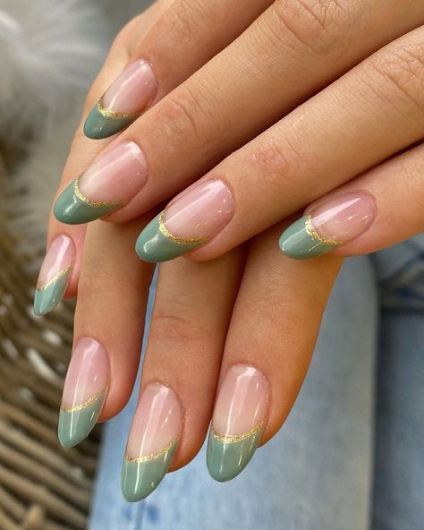 Steph - Nail Artist on Instagram: “Sage green x gold tips Service: apres x and nail art” Green Acrylic Nails, Dark Green Nails, Green Nail Art, Gold Nail Designs, Green Nail Designs, Nagel Tips, French Tip Acrylic Nails, French Nail Designs, Dark Nails