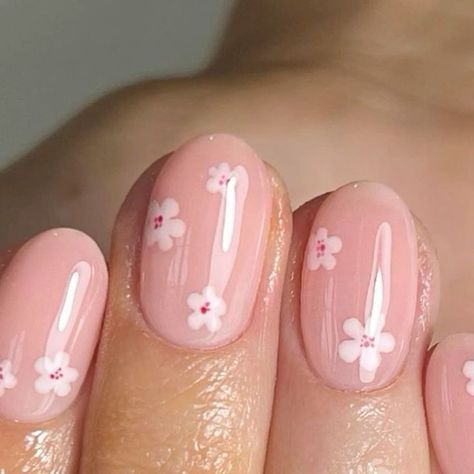 Cute Pink Flower Nails, Small Flower Nails, Baby Pink Nail Designs, Mommy Nails, Gel Nails Cute, Bb Nails, Cherry Blossom Nails Design, Cherry Blossom Nails Art, Pink Flower Nails