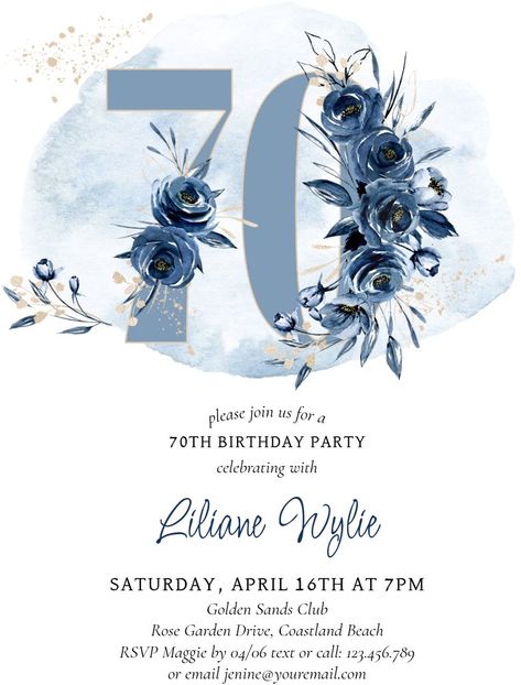 70th Birthday Party Coastal Blue Floral Number 70 Invitation 70th Birthday Party, 60th Birthday Party Invitations, 80th Birthday Invitations, Floral Birthday Invitations, Milestone Birthday Party, Floral Birthday Party, Birthday Party Design, 60th Birthday Invitations, 70th Birthday Parties