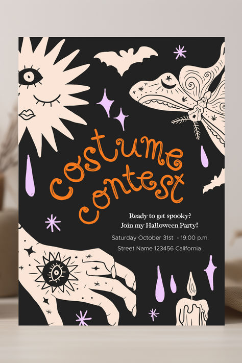 Get spooky with this cute editable Halloween Costume Party Invitation.   This invite card template is easy to edit in Canva and can be printed at home or in your favorite print shop.   Plus, it includes FREE spooky hand-drawn  Halloween-themed characters like pumpkins, skulls, evil eyes, bats, and esoteric butterflies that you can play around with to make your design extra special. Corporate Halloween Party, Corporate Halloween, Club Halloween Party, Revolution Design, Costume Party Invite, Halloween Invitation Card, Halloween Birthday Parties, Its Party Time, Invitation Business