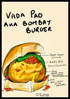 Rushina Munshaw Ghildiyal: My foodle of Mumbais Vada Pao ! Vada Pao, Food Truck Design Logo, Street Food Design, Recipe Drawing, Food Doodles, Food Illustration Art, Food Logo Design, Food Truck Design, Desi Food