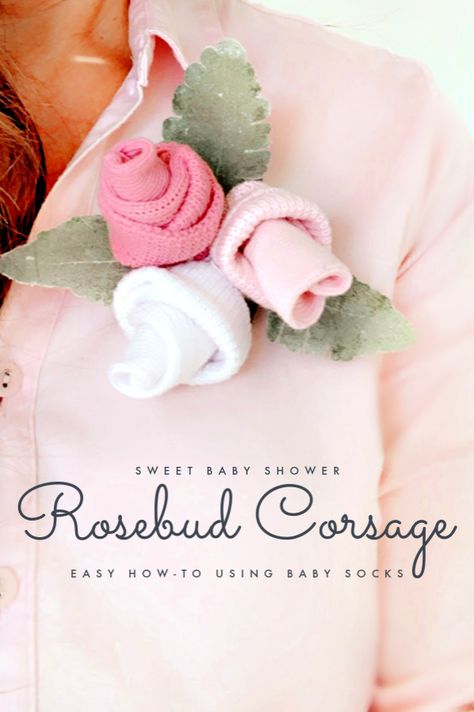 Baby Sock Corsage - Grateful Prayer | Thankful Heart Sock Roses, Baby Socks Flowers, How To Make Corsages, Baby Socks Roses, Diy Baby Socks, Baby Sock Corsage, Baby Corsage, Baby Sock Bouquet, Baby Shower Roses