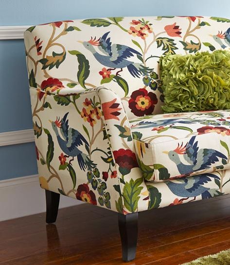 Love the print. Love Seats Sofas, Floral Chairs Living Room, Muebles Shabby Chic, Bird Fabric, Colourful Living Room Decor, Crazy Bird, Upholstery Diy, Sofa Fabric, Fun Fabric