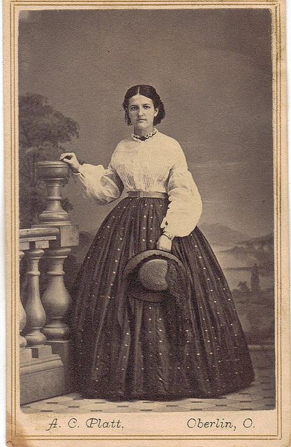 1860's Young lady wearing a nice shirt and blouse holding hat.  Good example of simple, useful day wear; CDV. 1860 Fashion, 19th Century Clothing, Cabinet Cards, 19th Century Fashion, Century Clothing, Living History, Historical Dresses, Historical Clothing, Historical Fashion