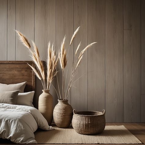 Our neutral modern boho bedroom, featuring stunning pampas grass in large rattan vases, creates the perfect blend of tranquility and style. 
⥉ Tip: To keep your pampas grass looking fresh, give it a light spray of hairspray to minimize shedding. ⥉ 
Tap ❤️ if you love this look and save for your next room makeover! #modernboho #modernbohooasis #modernart #neutrals #neutralstyle #interiordesign Modern Boho Bedroom, Neutral Fashion, Pampas Grass, Boho Bedroom, Interior Inspo, Modern Boho, Room Makeover, Bouquets, Oasis