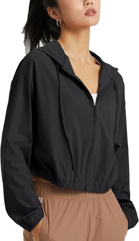 altiland Women's UPF 50+ Sun Protection Cropped Jackets Zip Up Cooling Shirt Athletic Workout Running Hoodie (Black, M) at Amazon Women’s Clothing store Cropped Jackets, Running Hoodie, Swimsuit Material, Athletic Workout, Athlete Workout, Workout Running, Cool Jackets, Half Zip Pullover, Workout Jacket