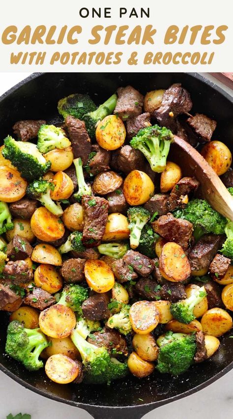 Steak Bites With Potatoes, Sautéed Broccoli, Garlic Butter Steak Bites, Butter Steak Bites, Potatoes Broccoli, Steak Dinner Recipes, Steak Bites Recipe, Butter Steak, Garlic Butter Steak