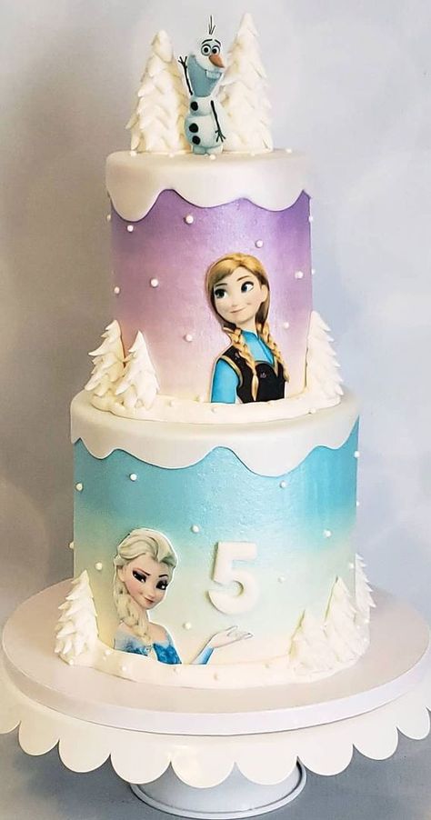 Two Tier Frozen Cake Birthday, Frozen Cake Ideas Birthdays, Simple Frozen Theme Cake, Elsa And Anna Cake, Frozen Cake Ideas, Anna Birthday Cake, Frozen Birthday Party Cake, Pastel Frozen, Ombré Cake