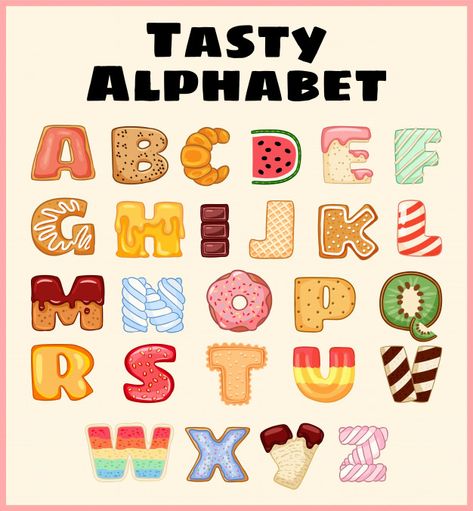 Set of tasty alphabet. delicious, sweet, like donuts, glazed, chocolate, yummy, tasty, shaped alphabet font letters. Premium Vector Cute Fonts Alphabet, Alfabet Font, Bakery Cake, Typography Alphabet, Alphabet A, Hand Lettering Art, Alphabet Clipart, Hand Lettering Alphabet, Lettering Alphabet Fonts