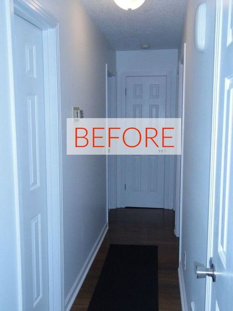 Make Your Dark Hallways Brighter With These 9 Clever Ideas.  Note the one with board and batten walls. Brighten Dark Hallway, Dark Hallway Ideas, Hallway Wall Colors, Decorating Hallways, Dark Hallways, Hallway Wall Decor Ideas, Long Narrow Hallway, Hallway Paint Colors, Bright Hallway