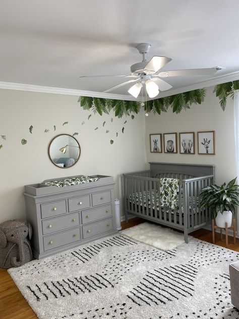 Unisex Safari Nursery, Nursery Ideas With Gray Crib, Nursery Ideas Greenery, Grey Themed Nursery, Safari Jungle Nursery, Nursery With Grey Furniture, Grey Crib Nursery Boy, Zoo Nursery Ideas, Grey Furniture Nursery