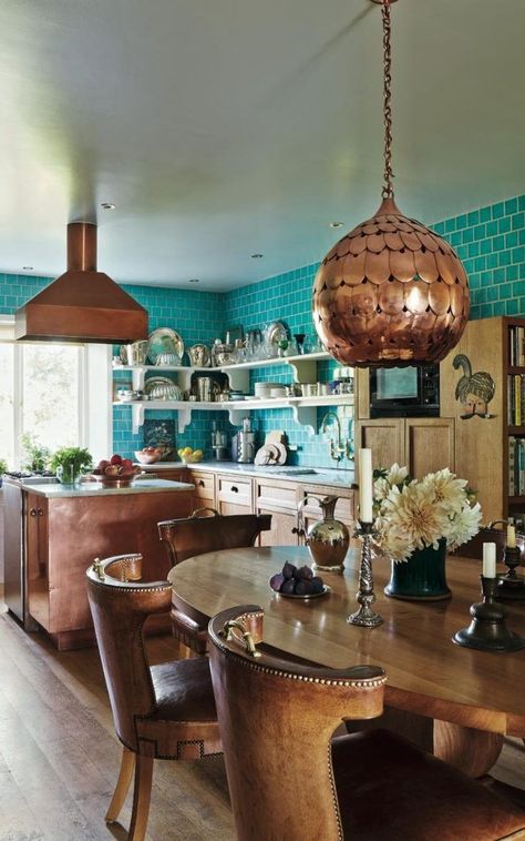 Lulu Lytle, Turquoise Tiles, Kitchen Dining Room Combo, Copper Kitchen Decor, Turquoise Kitchen, Teal Kitchen, English Interior, Decor Color Schemes, Copper Decor