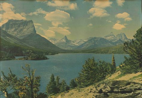 https://flic.kr/p/2n7Lfk7 | Blue Sky, Mountains and Lake Landscape | Vintage found landscape image. Beautiful aged paper, found. Coordinates Unknown Vintage Landscape Illustration, Retro Landscape Wallpaper, 50s Landscape, Vintage Mountain Aesthetic, Vintage Background Landscape, Mountains And Lake, Retro Landscape, Canada Landscape, National Geographic Photography