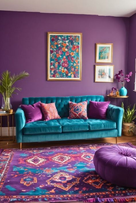 Jewel Color Palette, Plum Living Room, Jewel Tone Living Room, Purple Living Room Ideas, Plum Walls, Silver Sofa, Purple Living Room, Teal Living Rooms, Apartment Deco