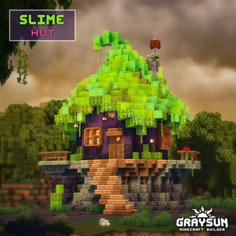 Minecraft Slime Build, Slime Farm, Minecraft Halloween Ideas, Minecraft Decoration Ideas, Minecraft Fantasy House, Minecraft Slime, Minecraft Java Edition, Hut Design, Fantasy Houses