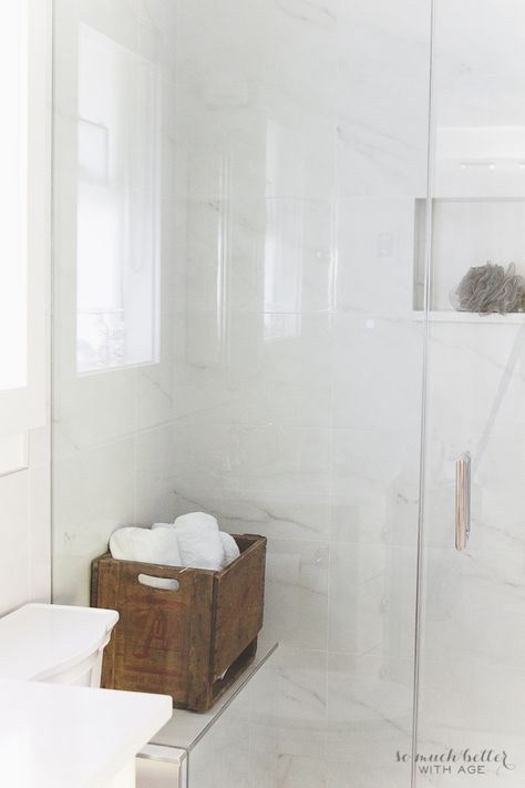 Contrast Marble Bathroom, Contessa Oro Tile Bathroom, Marble Floors In Bathroom, 12x24 Carrara Shower Wall Tile, Carrera Porcelain Tile Bathroom, Marble Look Tile Shower Walls, Marble Look Shower Walls, White Carrera Marble Bathroom, Faux Marble Shower Walls