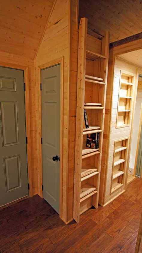 Hidden ladder Tiny House Stairs Ideas, Loft Access, House Ladder, House Traditional, Tiny House Company, Ladder Storage, Tiny House Stairs, Loft Stairs, Ladder Bookshelf