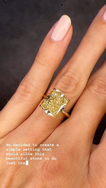 Mark Broumand on Instagram: "It all starts with the center stone. This gorgeous 6.50 carat fancy light yellow cushion cut diamond truly speaks for itself.   We decided to create a simple setting that would allow this beautiful stone to do just that. Stand on its own.   We chose our champagne yellow gold on a simple rounded wire setting to compliment the yellow diamond and allow for it to look as if it’s flowing on your finger. Our signature hidden halo adds a touch of extra sparkle. This is a forever kind of piece.   #markbroumand #fancyyellow #yellowdiamond #dreamring #customengagementring #love #engagementring #proposal #finejewelry #jewelry #jewelrylover #gold #goldring #style #accessories" Yellow Diamond Ring With Cushion Cut, Elegant Yellow Square Cut Rings, Faint Yellow Diamond Engagement Ring, Canary Diamond Engagement Ring Cushion, Formal Yellow Cushion Cut Diamond Ring, Canary Yellow Diamonds, Square Diamond Rings, Fancy Light, Yellow Cushion