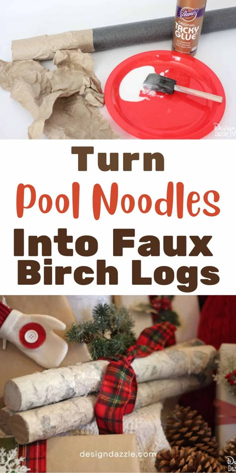 Pool Noodle Birch Logs, Diy Log Crafts, Ornaments Cricut Diy, Pool Noodle Christmas Decorations Mantle, Pool Noodle Holiday Decor, Diy Faux Birch Logs, Pool Noodle Ideas Christmas, Decorating With Birch Logs, Diy Birch Logs