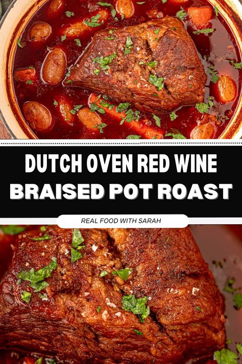 This Pot Roast recipe is braised in a delicious red wine sauce with potatoes and carrots. Seared on the stove then slow-roasted in the oven and simple to make, it's the perfect comfort food recipe for the whole family. Red Wine Braised Pot Roast, Wine Braised Pot Roast, Red Wine Pot Roast, Wine Pot Roast, Braised Pot Roast, Short Rib Beef Stew, Short Rib Stew, Dutch Oven Recipes Cast Iron, Dutch Oven Pot Roast