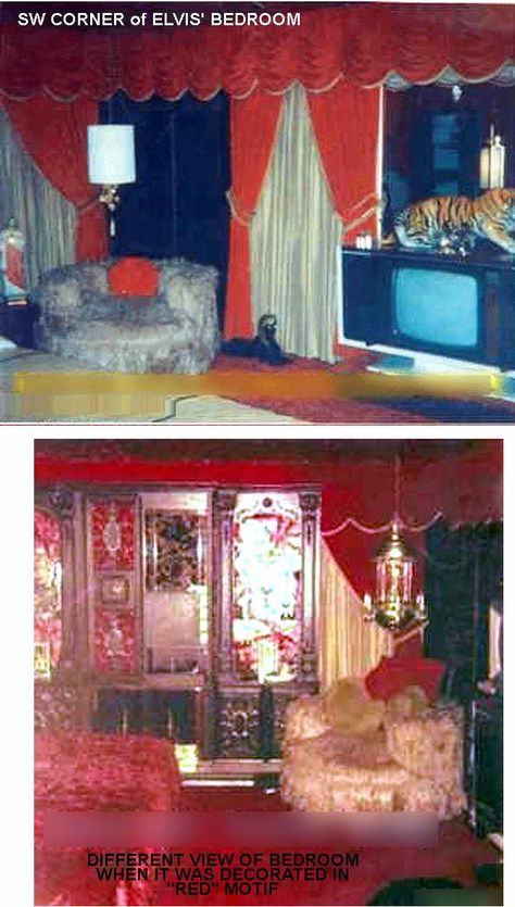 Elvis' bedroom at Graceland   this was the real color at the time Elvis was on Graceland ,  all red Elvis Bathroom, Graceland Upstairs, Elvis Bedroom, Elvis Graceland, Elvis Presley House, Bedroom Toilet, Graceland Memphis, Graceland Elvis, Elvis Presley Graceland