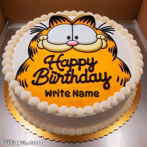 Add Your Name on Garfield’s Delicious Birthday Cake Garfield Birthday Cake Ideas, Snoopy Cakes Birthdays, Garfield Birthday Party Ideas, Garfield Cake Ideas, Garfield Happy Birthday, Garfield Birthday Cake, Garfield Birthday Party, Garfield Party, Garfield Cake