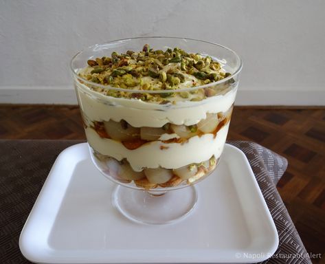 Trifle of poached pear, mascarpone and pistachio Pear Trifle, Mascarpone Trifle, Pear Brandy, Desserts In A Glass, Poached Pears, Trifle Recipe, First Thing In The Morning, Pie Tart, Cook Off