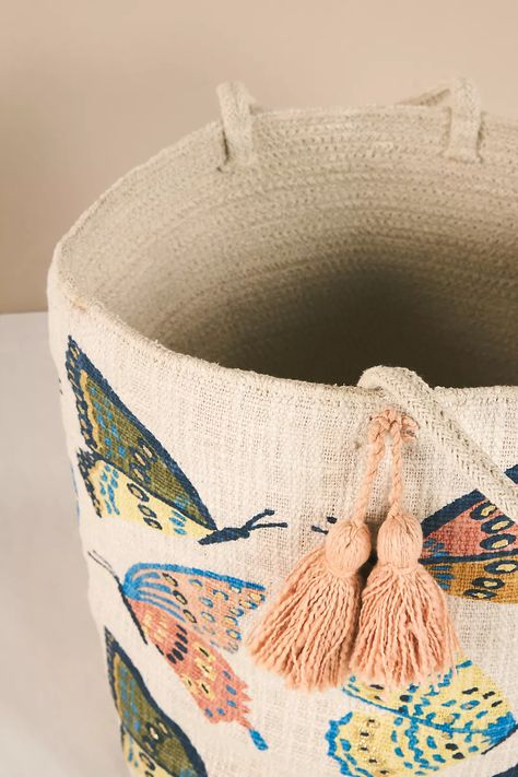 Butterfly Basket | Anthropologie Cute Storage Basket, Vintage Butterfly Nursery, Bug Nursery Theme, Boho Butterfly Nursery, Butterfly Bathroom Ideas, Anthropologie Nursery, Butterfly Nursery Theme, Butterfly Themed Room, Butterfly Baby Nursery