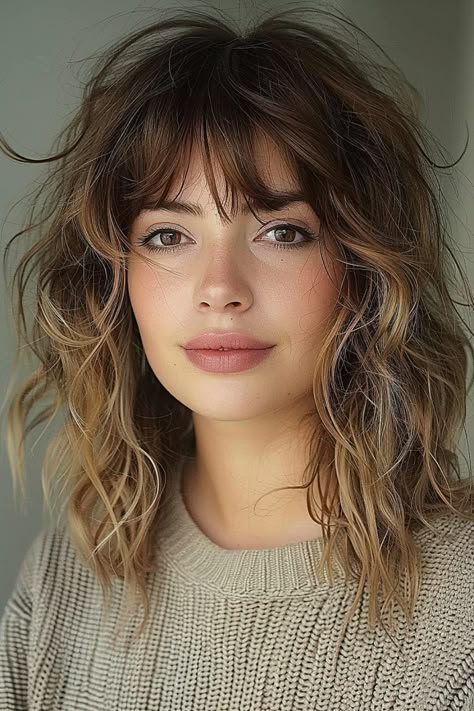 Must-Try Shag Haircuts and Hairstyles in 2024 Choppy Hair With Fringe, Balayage Shag Hair Long, Subtle Shag Haircut Medium, Summer Shag Haircut, Whimsical Bangs, Wavy Shag Haircut Medium, Brunette Balayage Hair With Bangs, Wavy Shag With Bangs, Short Shag With Bangs