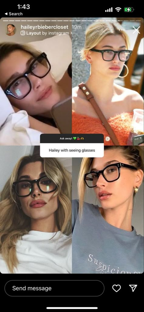 Hailey Beiber Eye Glasses, Hailey Bieber With Glasses, Hailey Bieber Eyeglasses, Hailey Baldwin Glasses, Vogue Glasses Frames, Specs For Square Face Women, Models Wearing Glasses, Celebrity Glasses Women, Outfit With Glasses Aesthetic