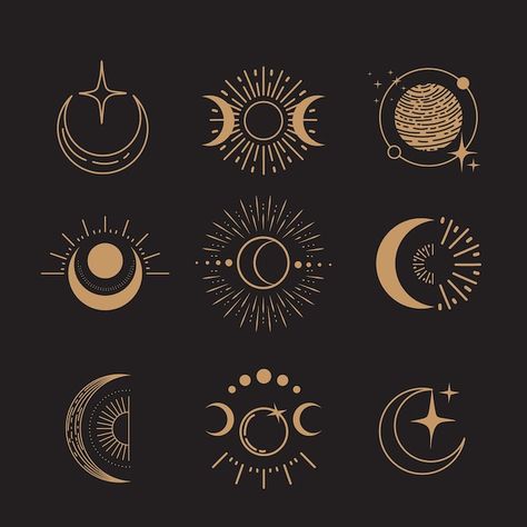 Vector celestial magic art mystical and ... | Premium Vector #Freepik #vector Simple Celestial Art, Celestial Symbols Art, Boho Symbols, Sun Line Art, Fantasy Tools, Witchcraft Design, Celestial Motifs, Celestial Symbols, Mystic Logo