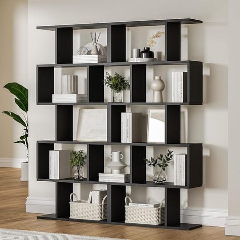 Amazon.com: DIYART Black 5-Tier Geometric Bookcase, S-Shaped Modern Bookshelf Set of 2, 62.6" Tall Room Divider Book Shelf, Decorative Display Shelf : Home & Kitchen Tall Room, Room Divider Shelves, Geometric Bookcase, Minimalist Shelves, Modern Bookshelf, Storing Books, Furniture Bookshelves, Book Shelves, Display Shelf