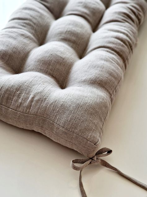 Linen Bench Cushion with Ties - Window Seat - Bench Pillow -  Natural Undyed Heavy Weight 100% Linen Fabric SIZE: choose yours  (please feel free to contact us for custom size) Thickness: ~10cm/3.9" Composition: 100 % linen (290 g/m²) Filling: hypoallergenic synthetic fiber Washed and softened. Will not shrink. *Due to monitor differences, actual colors may vary slightly from pictures online. Oeko-Tex 100 certificated. Made in Lithuania CARE: machine wash (40 C/ 104 F) SHIPPING TIME: STANDARD: 5 Boho Bench Cushion, Kitchen Nook Bench, Linen Bench, Window Bench Seat, Nook Bench, Making A Bench, Chair Repair, Bench Pillow, Seat Bench